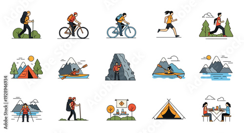 Outdoor activities and adventure icons depicting recreation and exercise