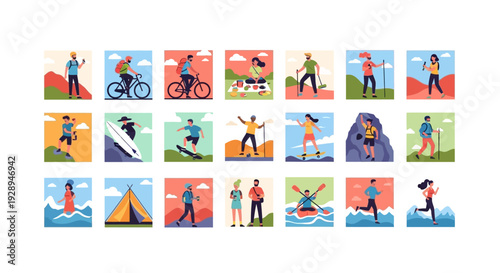 Diverse collection of illustrated people engaging in various outdoor recreational activities