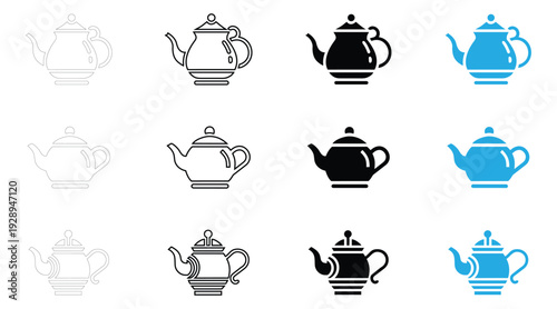 Teapot icon vector set, kettle icon symbol, teakettle logo vector, silhouette and line art icon illustration