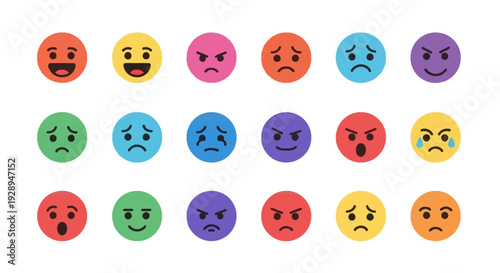 Colorful emoji icons displaying diverse emotions for communication and design