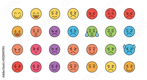 Set of colorful emoji icons depicting diverse moods and expressions on white background