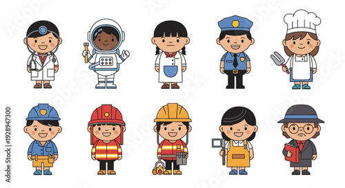 Diverse cartoon people in various professions posing frontal view