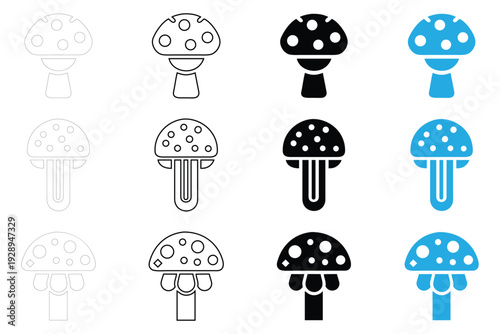 Mushroom icon vector set, champignon mushroom logo symbol vector, silhouette and line art icon illustration
