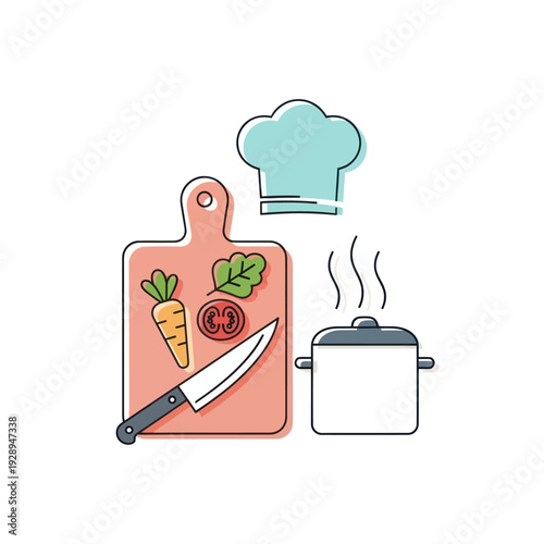 Cooking ingredients on cutting board with chef hat and steaming pot