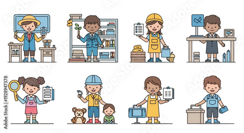 Diverse children portrayed in various professions and activities vector illustration