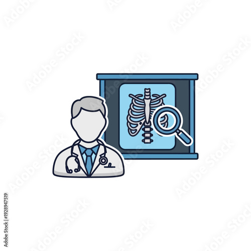 Doctor examining patient X-ray with magnifying glass for diagnosis