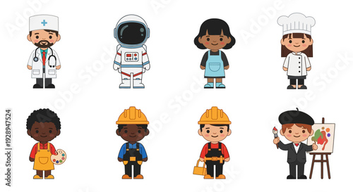 Diverse cartoon professionals doctor astronaut chef artist and construction workers