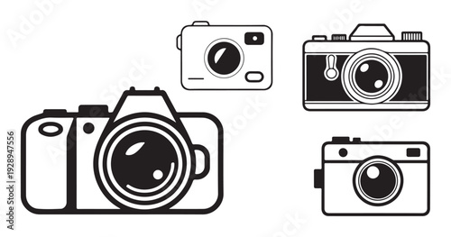Set of black and white camera icons, a collection of photographic equipment symbols vector illustration