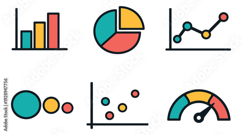 Modern line art business charts set featuring various graphs and a speedometer for data analysis and reporting