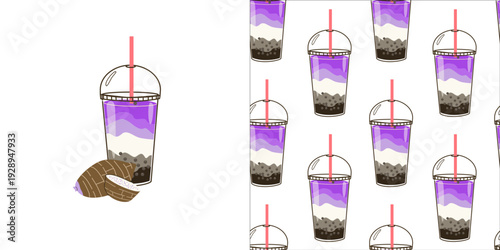 Bubble milk tea with taro. Boba tea cold drink vector art. Flat cartoon illustration with seamless pattern for food background.