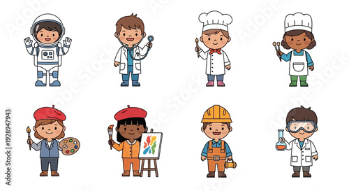 Diverse cartoon characters depicting various professions and occupations