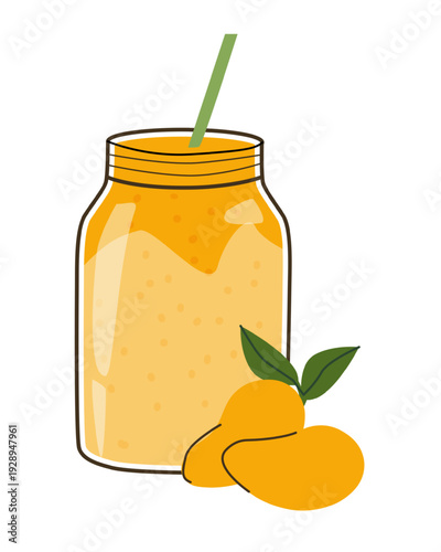 Mango smoothie in a jar, cartoon doodle vector illustration isolated on white. Tropical summer fruit drink, creamy and refreshing juice cocktail.