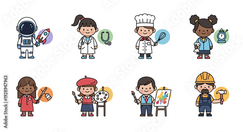 Diverse cartoon characters depicting various professions with uniforms and tools