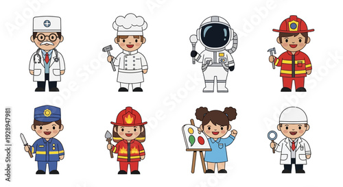 Diverse cartoon people in various professions isolated on white background