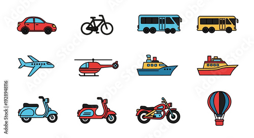 Transportation icons variety of vehicles depicted in colorful flat vector style