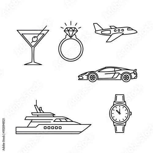 Line art icons of luxury items and wealthy lifestyle