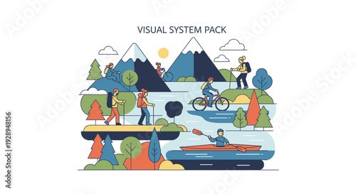 Outdoor adventure illustration people exploring nature with mountains and trees