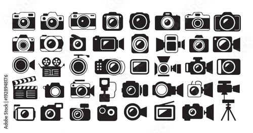 Collection of various camera icons and illustrations in silhouette and outline styles