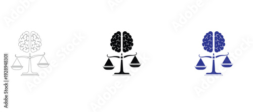  Brain balance scale icon set for mental health and logic. Human brain on weighing scales for psychology, emotional intelligence, legal ethics, decision making, and wellness vector symbols.