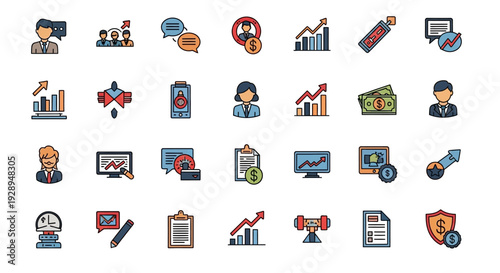 Set of business and finance icons depicting financial growth and management