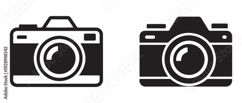 Classic analog camera icon, bold silhouette style, black and white graphic