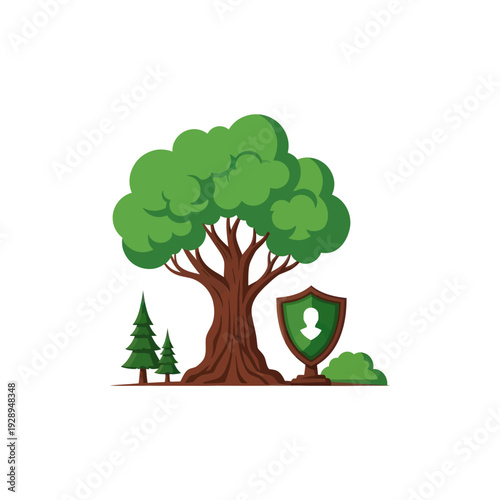 Large tree with shield protecting a person icon in nature