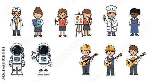 Diverse professionals and activities depicted in colorful vector illustration