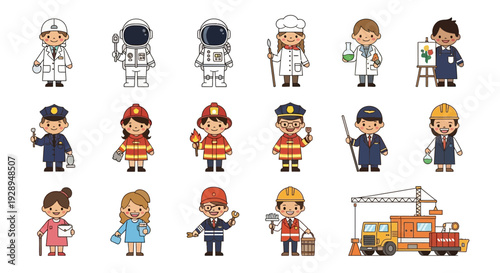 Diverse cartoon professionals doctor astronaut chef and more vector illustration