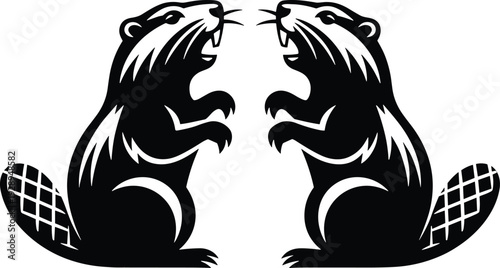 Beaver silhouette pair facing each other isolated on white background, black vector illustration of wild rodents for logo, mascot and wildlife design