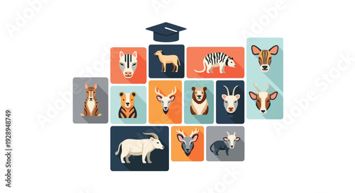 Illustrated animal portraits and academic cap icon for education and design