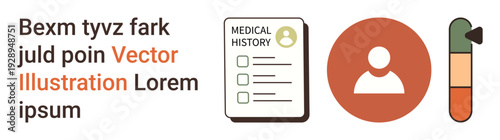 Healthcare, medical records, personal information, diagnosis, patient care, monitoring. A medical history file, user icon and thermometer. Healthcare and medical records visualization