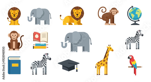 Cartoon animals and educational symbols in a colorful flat vector style