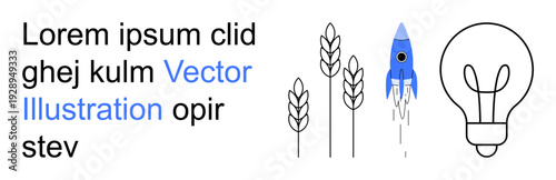 Agriculture, creativity, innovation, inspiration, growth, sustainability. Blue rocket with wheat stalks and lightbulb. Creativity and innovation concepts in agriculture and growth