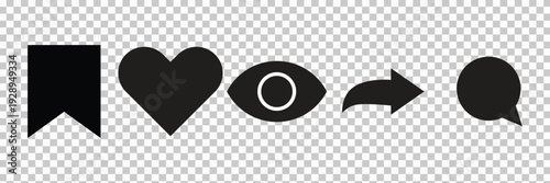 Social media icons set with eye (views), heart, like, save, share, and send arrow symbols for engagement, interaction, mobile apps, UI, and messaging interfaces