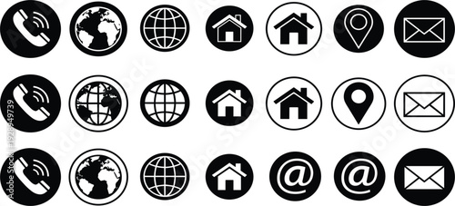 Black and white communication and contact icon set with phone, globe, home, location and email symbols, modern flat vector collection for web and app design
