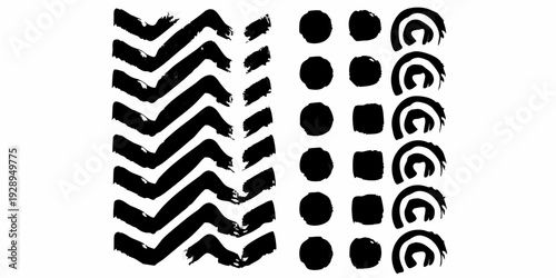 Abstract black brushstrokes arranged in vertical columns on white background