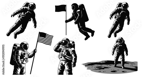 Astronauts floating in space and on the moon waving flags silhouette