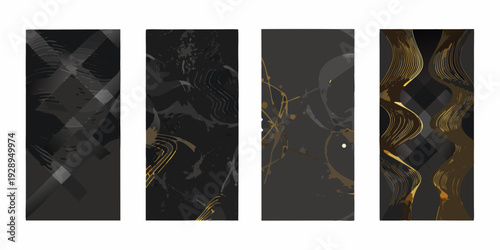 Four abstract black and gold vertical panels with varying designs