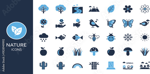 Blue Line Nature Icon Set Featuring Diverse Trees Flowers Weather Symbols Wildlife and Eco Friendly Elements for Sustainable Environmental Branding Website User Interface and Outdoor Education Vector