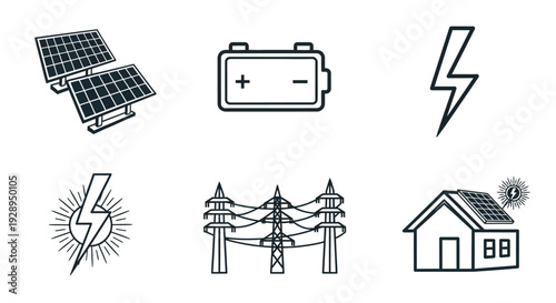 Renewable energy icons depicting solar power batteries and electrical grids silhouette