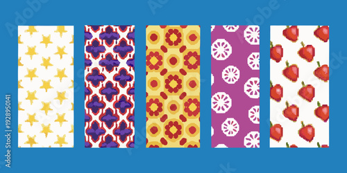 Pixelated patterns stars flowers strawberries and geometric designs displayed vertically