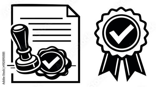 Black and white line art approval icon set featuring a document with stamp and a certified badge for quality assurance