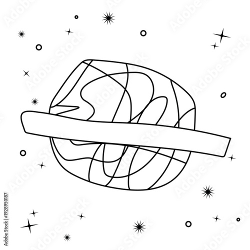 Stylized planet with red rings in starry space vector. Cosmic exploration graphics. Vibrant celestial bodies and a spaceship flying through a starry galaxy. Ideal for social media, app icons, and prin