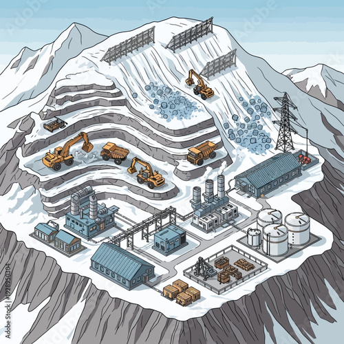 Mining Operation in Snowy Mountainous Terrain.