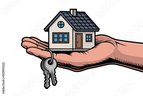 A hand holding a small house with a set of keys, symbolizing home ownership and real estate.