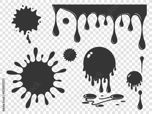 A collection of black ink splatters on a transparent background Vector