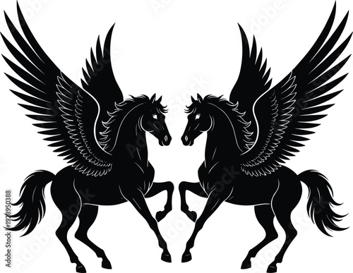Pegasus horse silhouette pair with spread wings facing each other isolated on white background, black fantasy vector illustration for logo and tattoo design