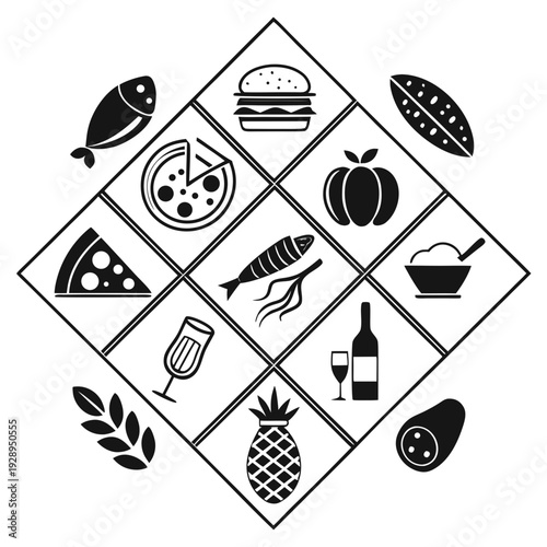 A variety of food and drink icons arranged in a grid Vector