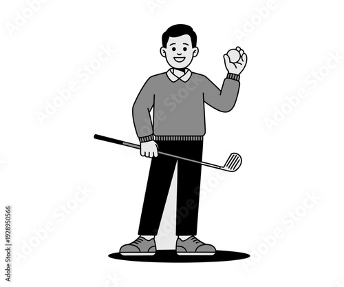 A cartoon man holding a golf club and ball in a minimalist illustration style