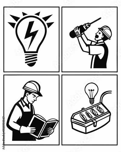 Four black and white illustrations of work and light bulb ideas Vector